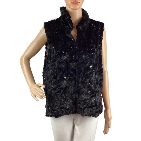 Betsey Johnson Faux Fur Gold Sequin Vest Size L Black - Picture 1 of 6